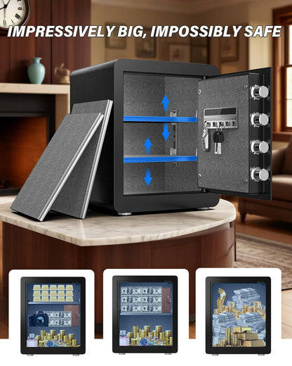 Kavey 2.0 Cubic Feet Biometric Safe Box with Fireproof Waterproof Bag, Fingerprint Home Security Safe with Touchscreen Keypad, Dual Alarm, Mute Mode, LED Light and 2 Adjustable Shelves for Home Office