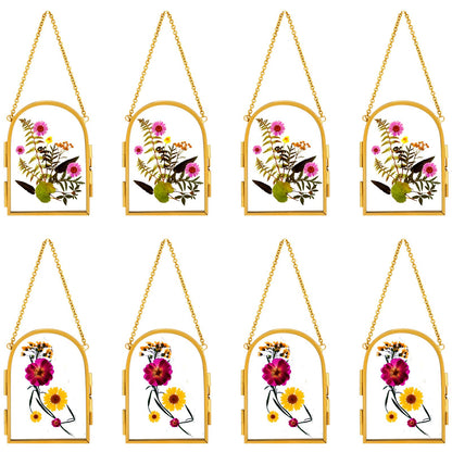 Qunclay 8 Pcs Glass Frame for Pressed Flowers 3.5 x 2.5 Inch Brass Hanging Photo Frame with Chain Arched Double Floating Picture Frames for Artwork Display DIY Dried Plant Specimen(Gold)
