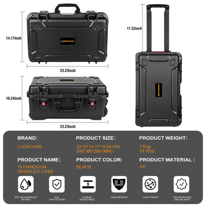 Wheeled Pistol Gun Case for 10 Handguns - Holds 10 Pistols & 12 Magazines, Pre-Cut Pistols Hard Shell Gun Box, TSA Approved Pistol Case for SIG Sauer, Smith & Wesson, for Colt, for Revolver, for Glock