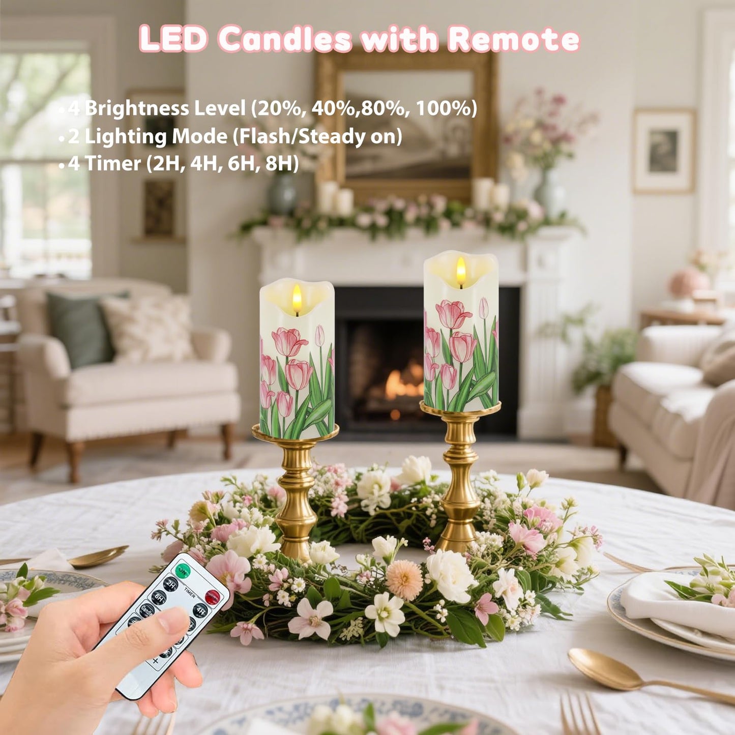 Flameless Candles Set of 2, 6"x3" Flickering Tulip LED Candles with Remote & Timer, Dimmable Real Wax Electric Pillar Candles Battery Operated, Birthday Gift Mother's Day Gift for Mom Women (Tulip)