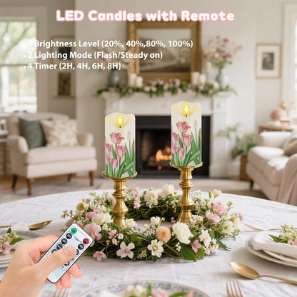Flameless Candles Set of 2, 6"x3" Flickering Tulip LED Candles with Remote & Timer, Dimmable Real Wax Electric Pillar Candles Battery Operated, Birthday Gift Mother's Day Gift for Mom Women (Tulip)