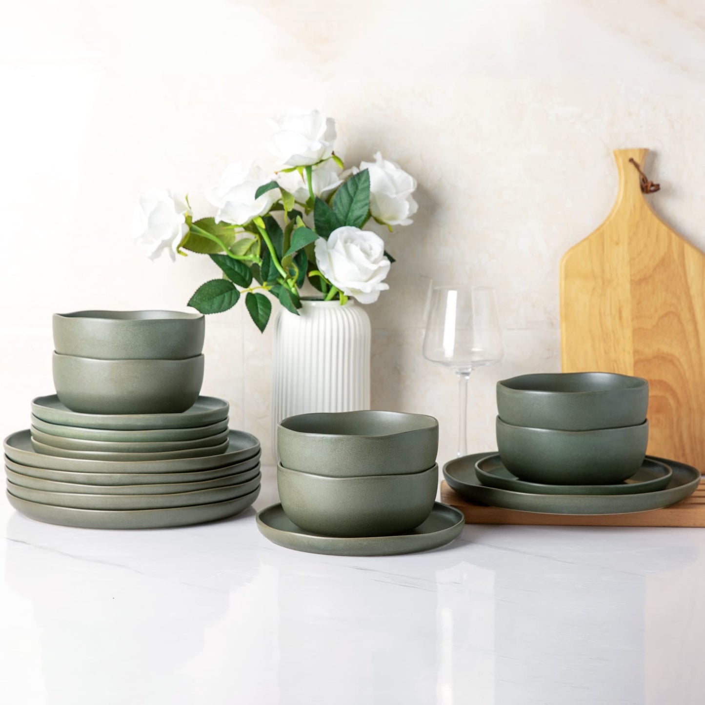 AmorArc Ceramic Dinnerware Sets, Wavy Rim Stoneware Plates and Bowls Sets,Dishwasher & Microwave & Oven Safe Dishes set, Service for 8 (24pc)