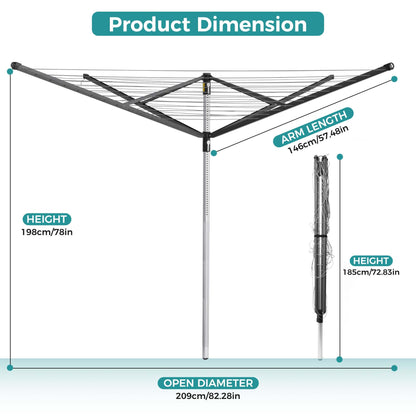 CROS 196ft Outdoor Umbrella Clothesline, Rotary Dryer with 4 Arms, 88LB Heavy Duty, Foldable & Adjustable Height, 360° Rotating Laundry Drying Rack with Ground Spike for Yard Patio Garden