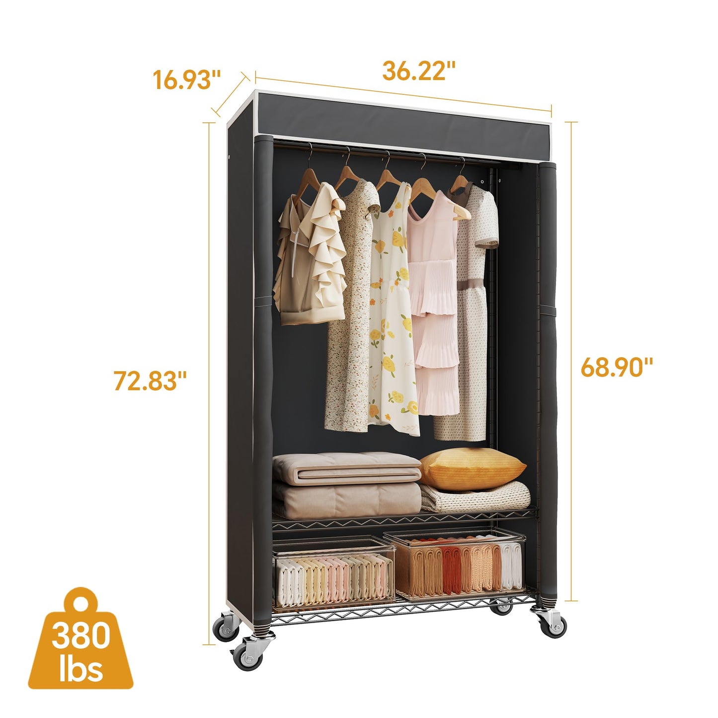 Higeego H4 Clothing Rack with Cover, Rolling Heavy Duty Clothes Rack, Garment Rack on Wheels, Portable Closet for Hanging Clothes, Black Clost Rack with Black Fabric Cover, Max Load 380LBS