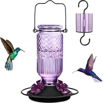 FEED GARDEN Glass Hummingbird Feeder - 16 oz Outdoor Feeder with Bee-Proof Ports & Ant Moat, Purple