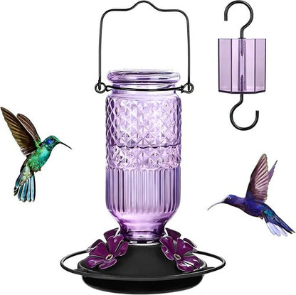 FEED GARDEN Glass Hummingbird Feeder - 16 oz Outdoor Feeder with Bee-Proof Ports & Easy Clean Design | Purple