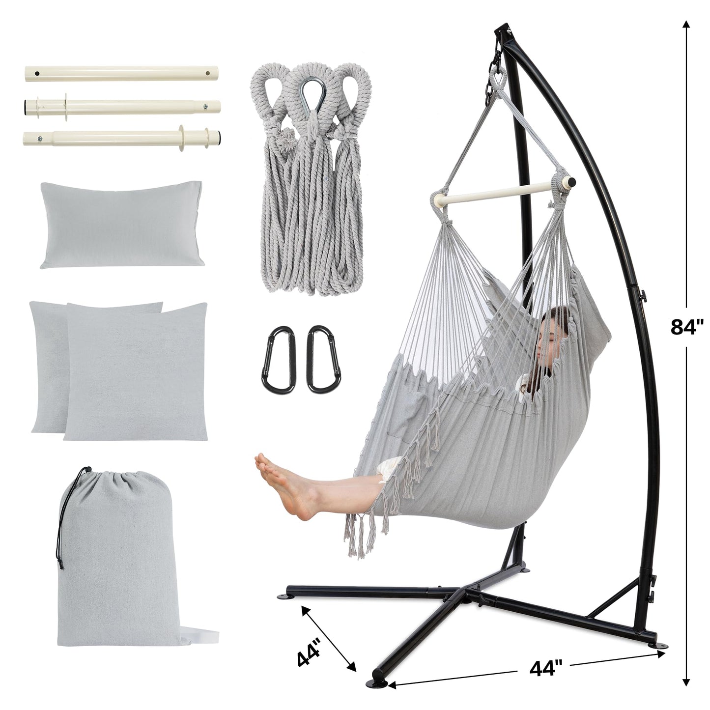 PNAEUT Hammock Chair with Stand Indoor Outdoor, Hanging Chair, Egg Swing Chair with Patented Adjustable Pillow, 2 Cushions, Bag, for Bedroom Balcony Patio, 350lbs Capacity (Light Gray)