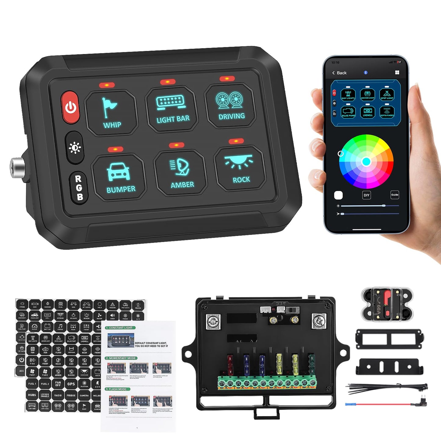 Chelhead 6 Gang Bluetooth Switch Panel Boat Switch Panel with Circuit Breaker IP 65 Waterproof Constant Momentary Flash Strobe Compatible with RV Truck UTV SUV ATV Bus Boat Jeep