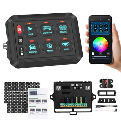 Chelhead 6 Gang Bluetooth Switch Panel Boat Switch Panel with Circuit Breaker IP 65 Waterproof Constant Momentary Flash Strobe Compatible with RV Truck UTV SUV ATV Bus Boat Jeep