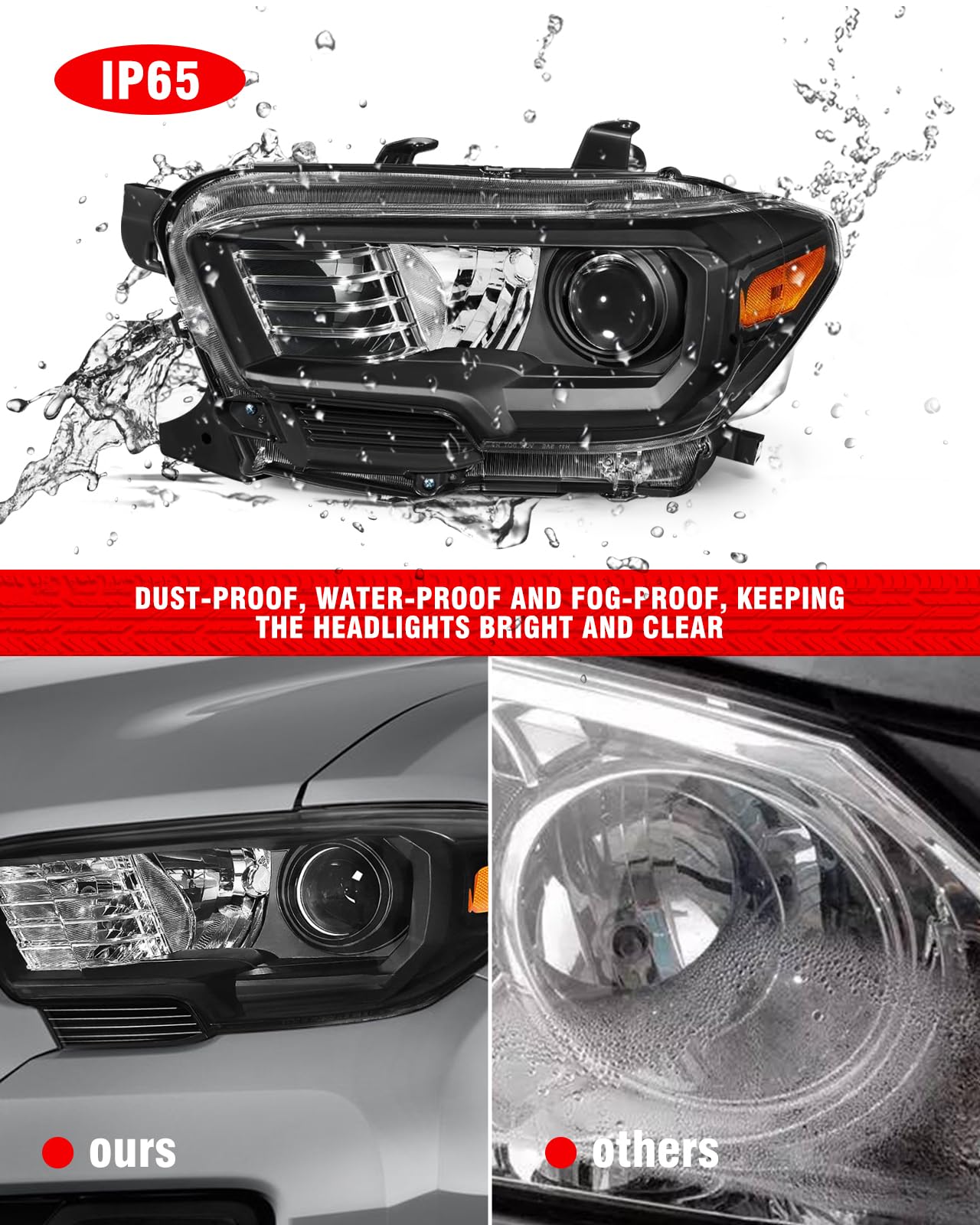 ADCARLIGHTS 2016-2023 Toyota Tacoma Headlight Assembly, Black Housing Amber Reflector IP65 Waterproof Dustproof Fits Non-LED DRL Models Only Driver and Passenger Side (Bulbs Not Included)（W/O Bulbs）