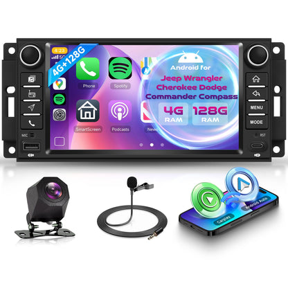 Orderich 4G+128G Android Car Stereo for Jeep Wrangler 2007-2018 & Jeep Compass 2011-2015 with Wireless CarPlay Android Auto, 7 Inch Car Radio GPS Navigation WiFi SWC Bluetooth FM with Backup Camera