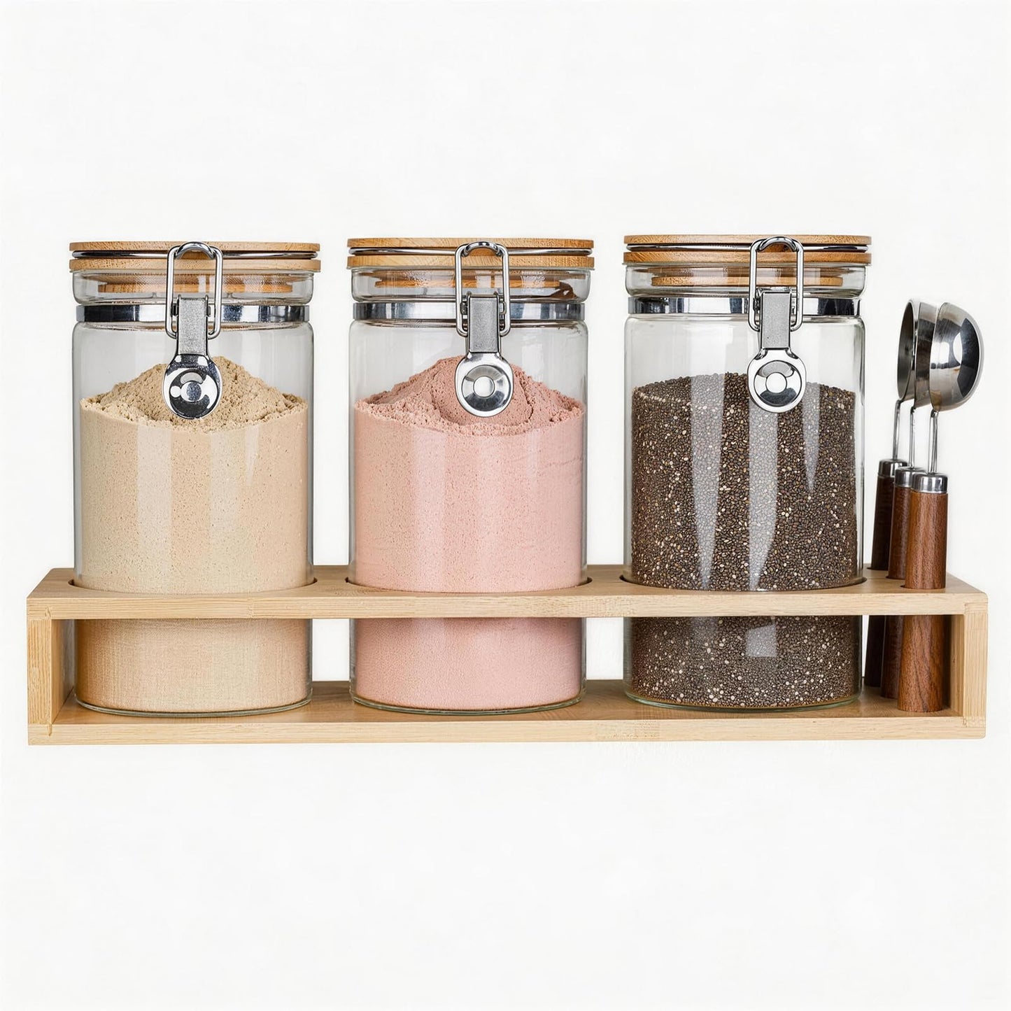 3-Pack Protein Powder Storage Containers with Bamboo Stand - 1200ml Large Borosilicate Glass Canisters for Collagen Powder & Supplements - Airtight Locking Lids & 3 Wood Handle Scoops, 40oz
