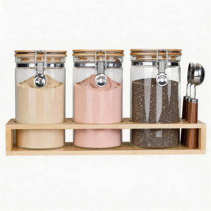 3-Pack Protein Powder Storage Containers with Bamboo Stand - 1200ml Large Borosilicate Glass Canisters for Collagen Powder & Supplements - Airtight Locking Lids & 3 Wood Handle Scoops, 40oz