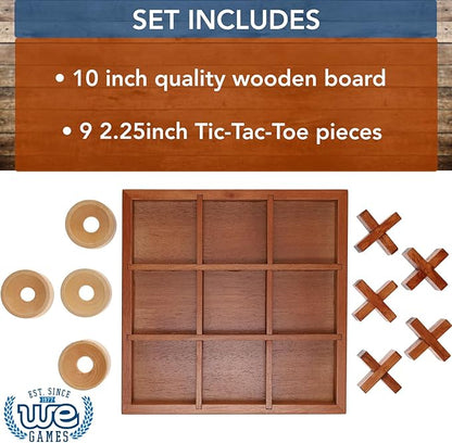 Wooden Tic Tac Toe Game – 9 Inch Solid Wood Board with X and O Pieces Decorative Coffee Table Game Classic Home Décor Accent