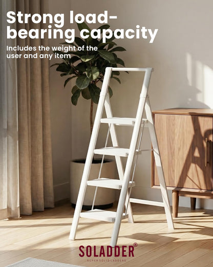 SOLADDER 4 Step Ladder with Handrails, Anti-Slip and Foldable Step Stool with Widen Pedals, Portable Stepladders for Home, Kitchen and Indoor, Space Saving, Iron Material, 300lbs, White