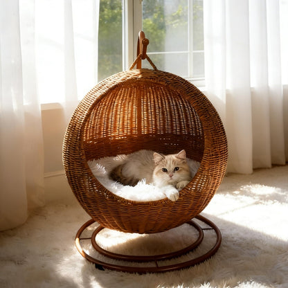 CIHTL Wicker Cat Bed Indoor & Outdoor, Handwoven PP Rattan Cat Swing Bed with Removable Washable Cushion, Breathable Waterproof Cat House for Cats & Small Dogs (Large–16.9" L × 25.98" H)