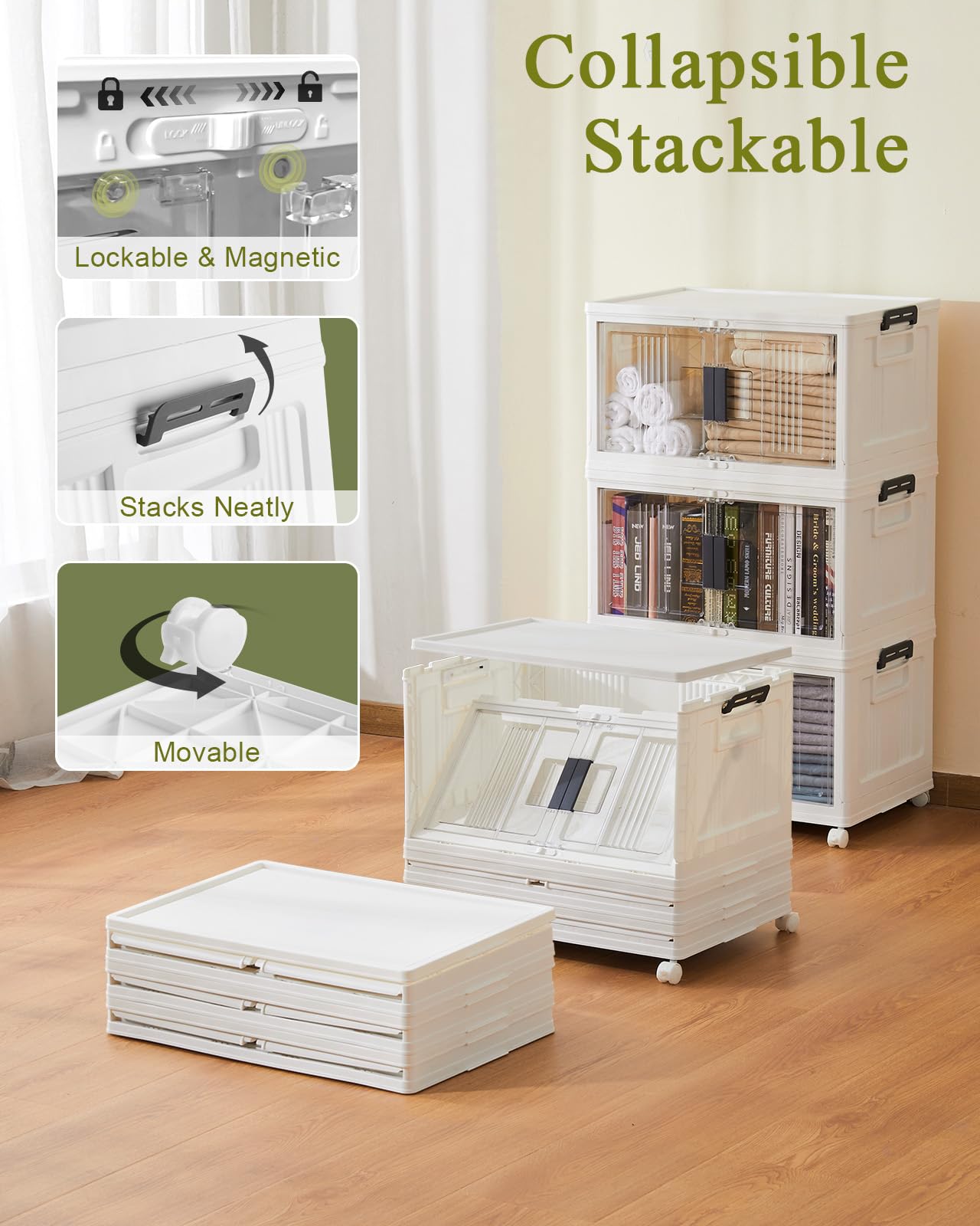 OlarHike 48QT Lockable Storage Bins with Lids - Folding Storage box with Doors and Wheels, Collapsible Plastic Storage Bins for Closets, Stackable Storage Organizer, Storage Containers, 4 Pack Cubes