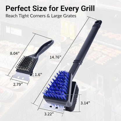 Skiennix Nylon Grill Brush - Safe Bristle-Free BBQ Cleaner Kit | 3-Piece Outdoor Grill Scraper Set