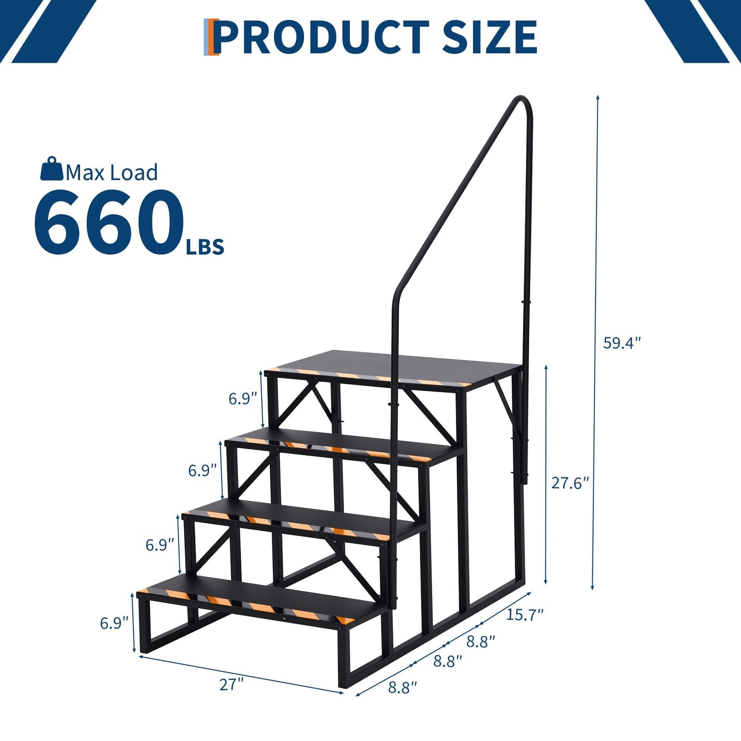 BouPower RV Steps with Handrail, 4 Steps RV Stairs w/Handrail, Wide Platform Steps for Hot Tub, Camper, Mobile Home & Porch, Safe Access for Elderly, Kids & Pets, Indoor/Outdoor Use