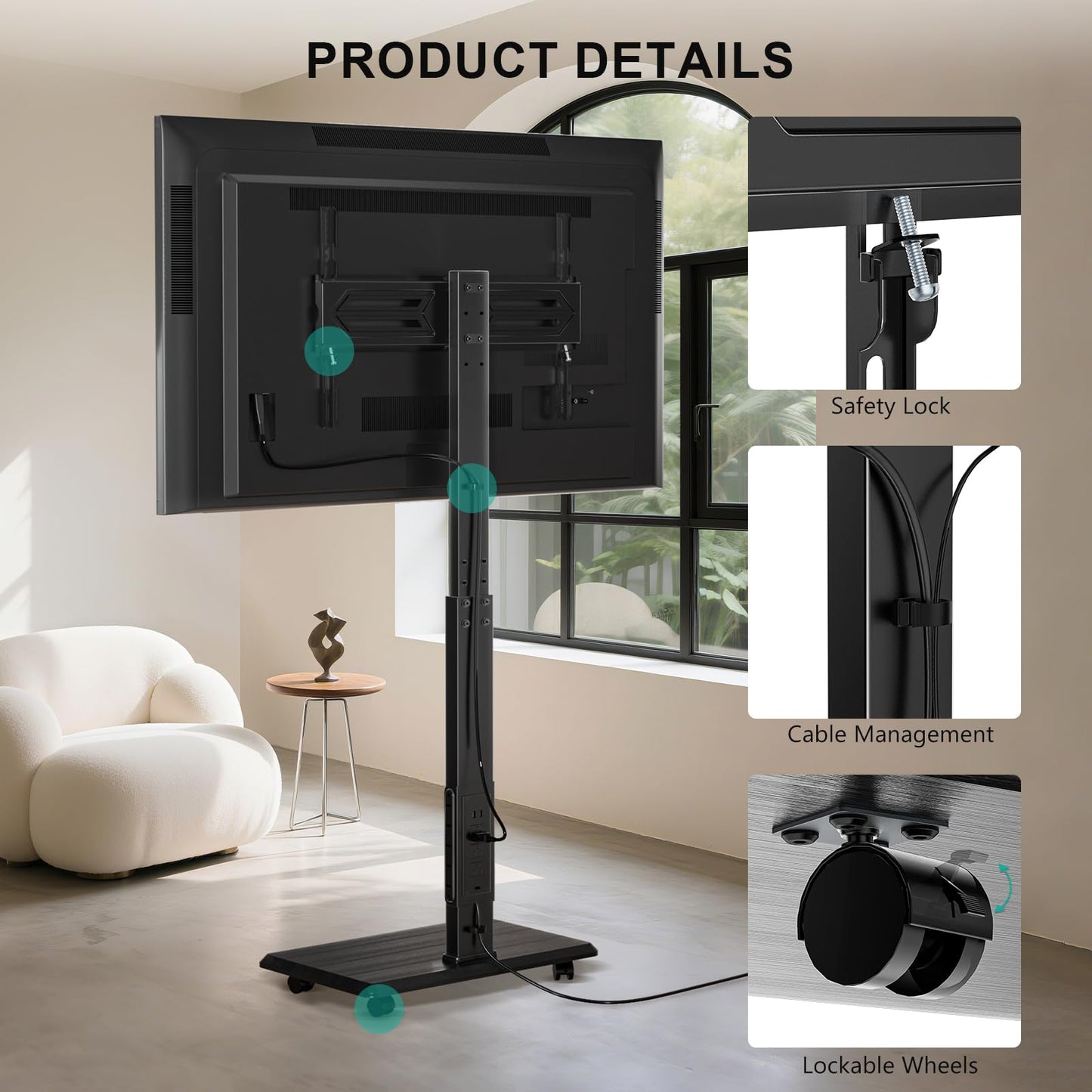 WALI Rolling TV Stand with Power Outlet, Mobile Tall TV Stand Mount on Wheels for 39-75 inch TV up to 110 lbs, Swivel Height Adjustable TV Cart with Wood Base for Bedroom(TVDVD-7PR), Black