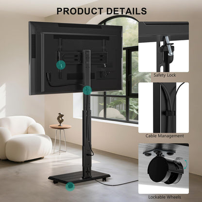 WALI Rolling TV Stand with Power Outlet, Mobile Tall TV Stand Mount on Wheels for 39-75 inch TV up to 110 lbs, Swivel Height Adjustable TV Cart with Wood Base for Bedroom(TVDVD-7PR), Black