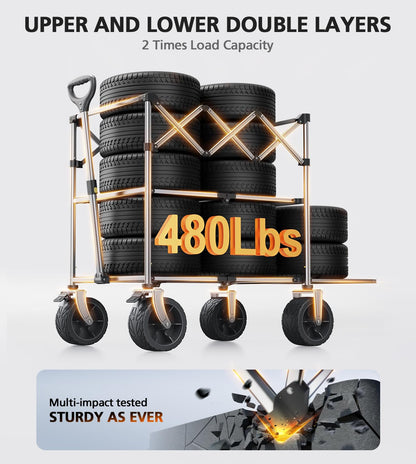 Everyfun 480Lbs Foldable Double Decker Wagon Cart,Beach Carts with Large Wheels&Side Storage Pocket&Dustbag,Large Capacity Folding Wagon for Shopping,Garden,Camping,Fish,Sports-Black