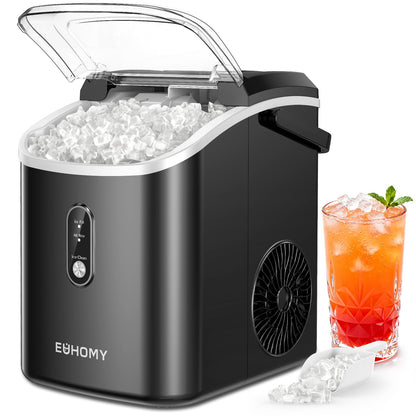 EUHOMY Nugget Ice Maker Countertop with Handle, Ready in 6 Mins, 38lbs/Day, Removable Top Cover, Self-Cleaning, Portable Chewable Ice Maker with Basket, Scoop, for Home/RV/Party/Camping (Black)