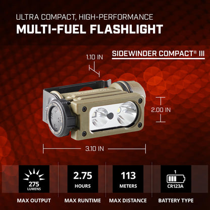 Streamlight 14213 Sidewinder Compact III 275-Lumen 3200 Candela User Configurable Model Hands-Free Angle Head Flashlight with White, Blue, Green, Red LEDs, and IR, Coyote