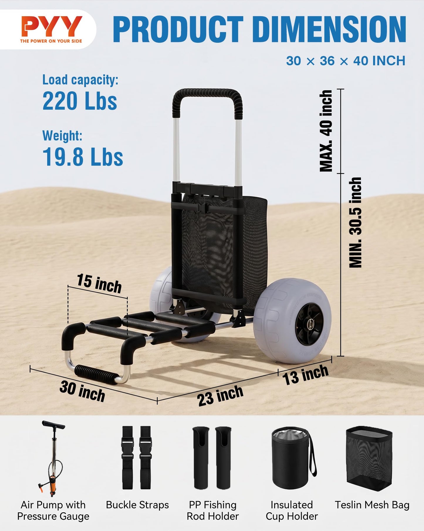 PYY Beach Fishing Cart - 220LBS Foldable Aluminum Beach Wagon Trolley with 13" Balloon Wheels, 23" x 15" Cargo Deck, Fishing Rod Holders, 30" to 40" Adjustable Handle, Heavy Duty Cart for Beach
