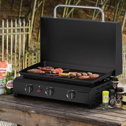 SKOK 23.3 Inch Gas Griddle - Portable Flat Top Grill with Hood for Camping & Tailgating, 45,000 BTU Output