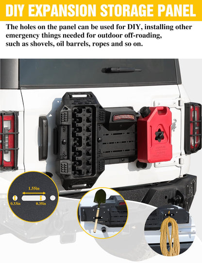 JROAD Bronco Rear Spare Tire Delete Frame w/Recovery Boards for Bronco 2021+ Accessories|Integrates Backup Camera Hole,Brake Light Bracket,Rear License Plate,Tailgate Vent Cover,DIY Shelf Board