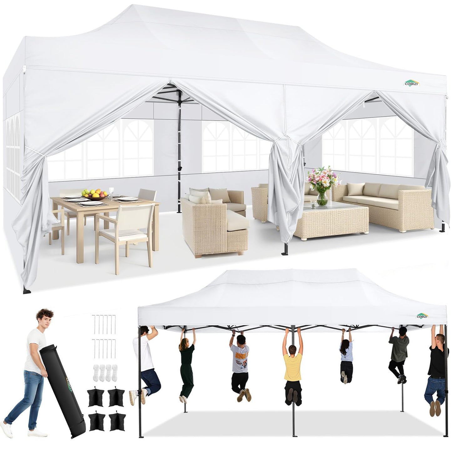 COBIZI 10x20 Heavy Duty Pop Up Canopy Tent with 6 Sidewalls Thicken Frame, Commercial Easy Up Outdoor Wedding Party Tents, All Season Waterproof Windproof with Stakes Sandbags Ropes Roller Bag, White
