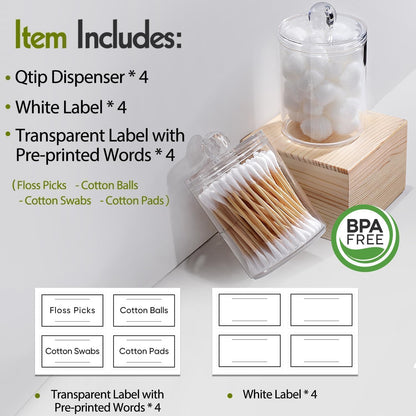 Skiennix Acrylic Qtip Holder Dispenser - 4 Pack Clear Canisters for Cotton Swabs & Makeup Storage