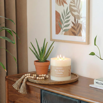 LAMORGIFT 3 Wick Soy Pillar Candle - 6x6” Extra Large Unscented White Pillar Candle, Hand-Poured Soy Wax Candle with Frosted Finish, Long Lasting Large Centerpiece Candle for Home Decor & Weddings