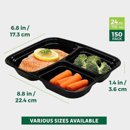 Freshware Meal Prep Containers - 150 Pack | 3-Compartment Bento Boxes, BPA-Free, Stackable, 24 oz