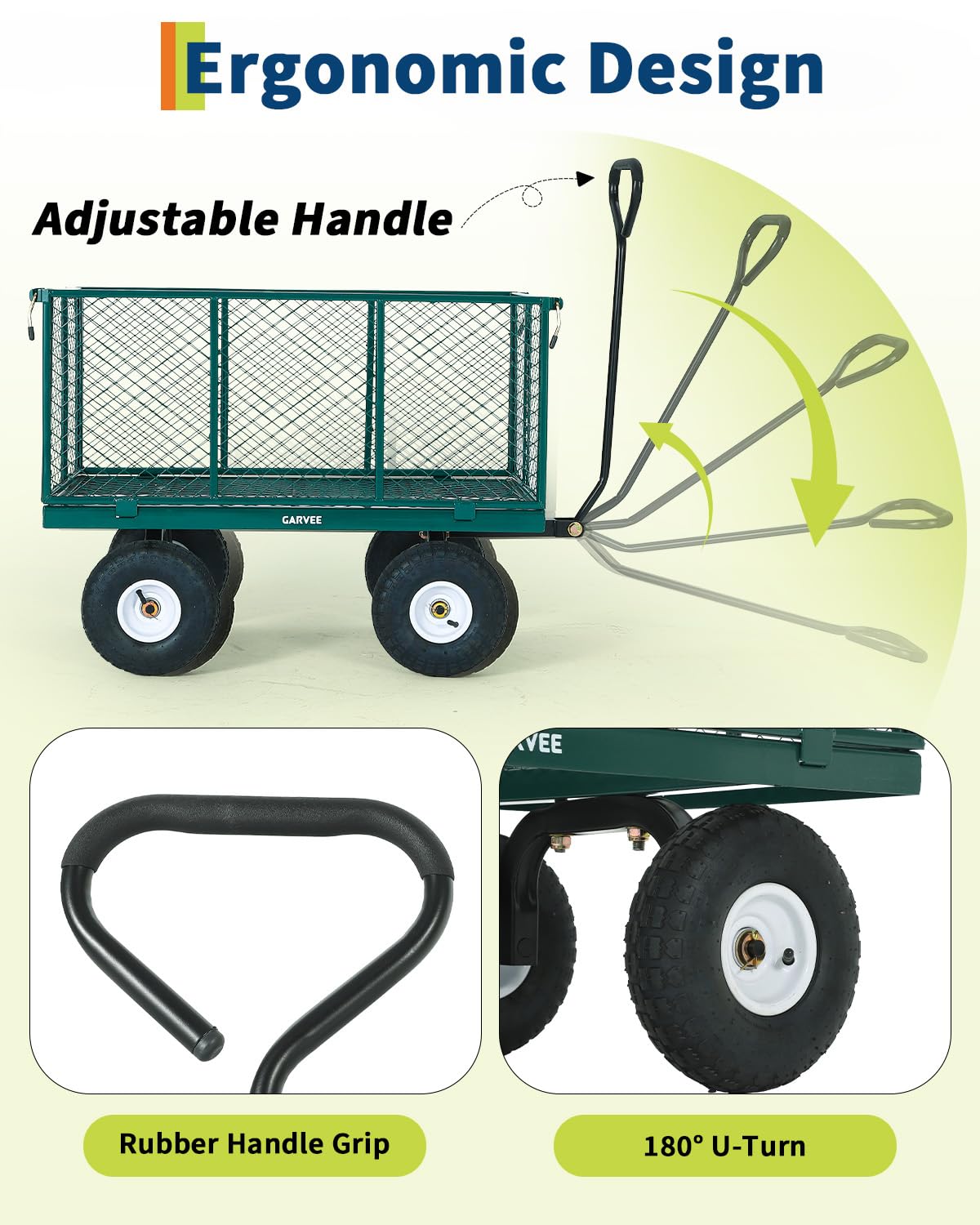 Garvee Versatile Outdoor Utility Cart-800LBS Heavy-Duty, 10" All-Terrain Pneumatic Tires, Easy Maneuverable Lawn Cart with Removable Mesh Panels for Gardening&Landscaping, Green, with Waterproof Liner