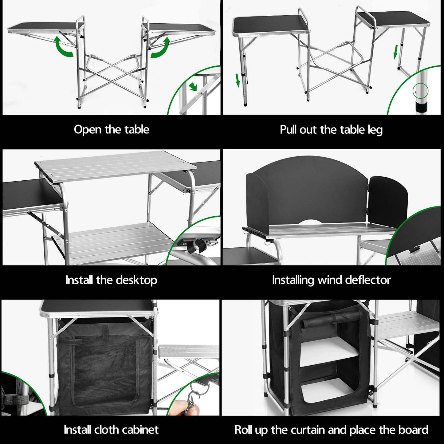 CampLand Folding Camping Kitchen Table with Windscreen,Portable Outdoor Cooking Station with Storage Cabinet & Side Tables Heavy Duty Camp Cook Station for Camping & BBQ (Black2cabinet)