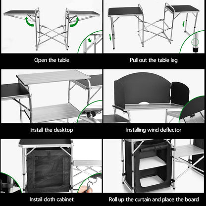 CampLand Folding Camping Kitchen Table with Windscreen,Portable Outdoor Cooking Station with Storage Cabinet & Side Tables Heavy Duty Camp Cook Station for Camping & BBQ (Black2cabinet)