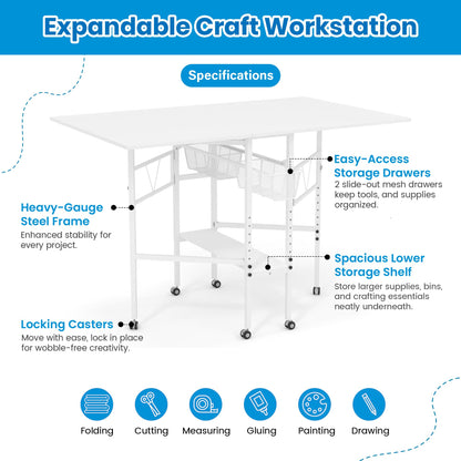 Sew Ready Folding Sewing Craft Table with Storage, Adjustable Height Cutting Desk with Drawers and Wheels for Quilting, Fabric, and Hobby Room, White