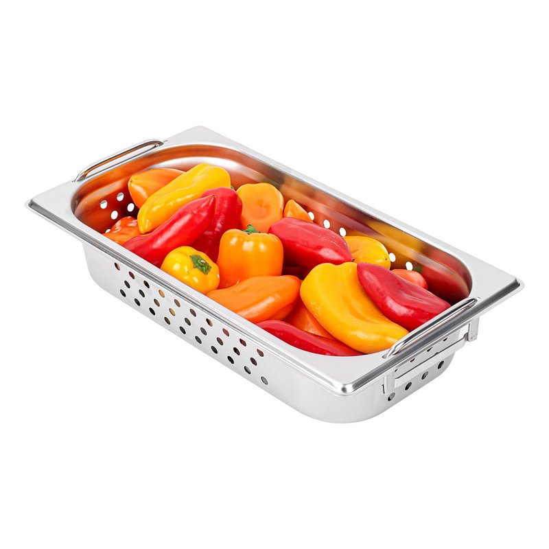 Restaurantware One Third (1/3rd) Perforated Steam Table Pan - 2.5" Deep - Collapsible Handles - Anti Jam - Commercial Grade Stainless Steel - 1ct Box - Met Lux