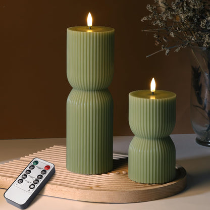 Girimax Olive Green Ribbed Flameless Pillar Candles with Remote, LED Candles Battery Operated Flickering Real Wax Set of 2