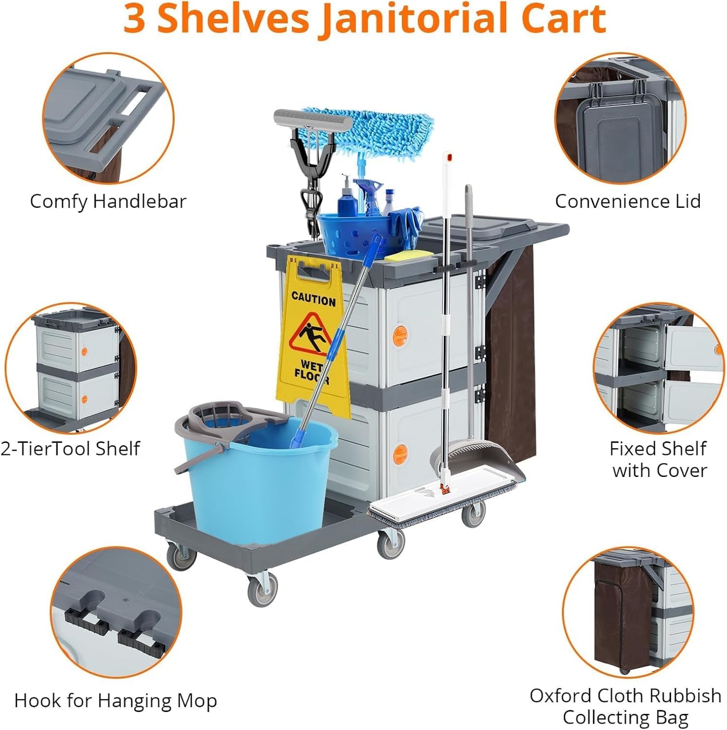 Commercial Janitorial Cart with 2 Cabinet, Cleaning Cart On Wheels, Housekeeping Caddy with Cover, Shelves, and Vinyl Bag, Hotel Housekeeping Room Hand Push Utility Service Cart