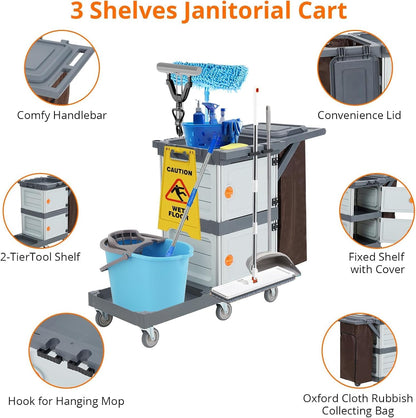 Commercial Janitorial Cart with 2 Cabinet, Cleaning Cart On Wheels, Housekeeping Caddy with Cover, Shelves, and Vinyl Bag, Hotel Housekeeping Room Hand Push Utility Service Cart