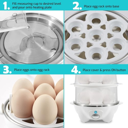 Elite Gourmet 2-Tiered Egg Cooker - Poach 5 Eggs & Make Omelets | Auto Shut-Off, BPA Free, White