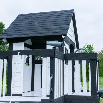 Backyard Discovery Canyon Creek White Cedar Wood Swing Set with Wave Slide, Clubhouse, Play Kitchen, Picnic Area, Belt Swings, Web Swing, Rock Wall, Balconies, Playhouse, Step Ladder, Outdoor Playset