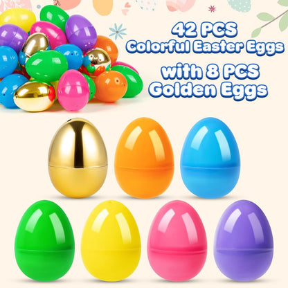 Jumlys 50 PCS 2.4" Plastic Easter Eggs, 42 PCS Empty Easter Eggs Bulk with 8 Golden Eggs, Fillable Eggs with Hinge, Perfect for Easter Hunt, Basket Stuffers Fillers and Easter Theme Party Favors