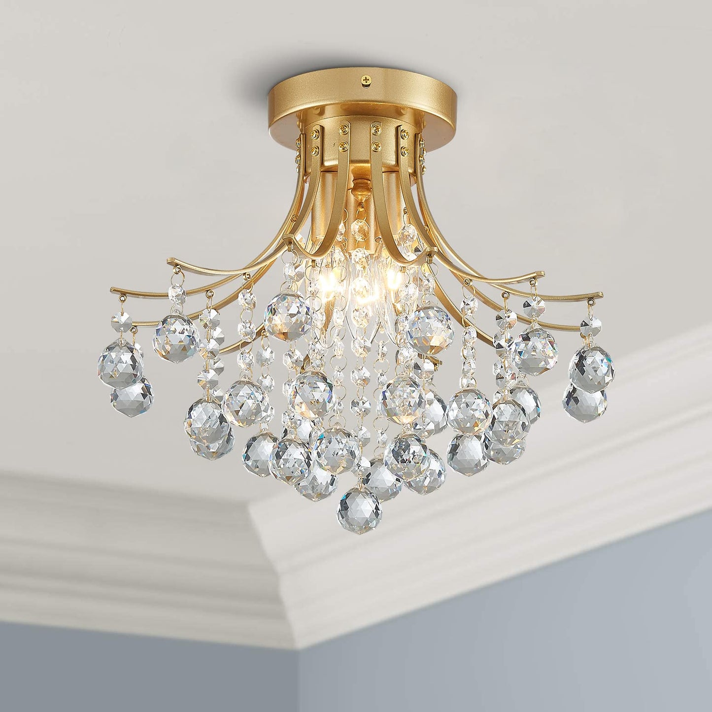 Bestier Modern Gold Crystal Semi-Flush Mount Chandelier, 3 E12 Bulbs, D13.5in x H11.6in, Ideal for Dining Room, Bathroom, Bedroom, Living Room