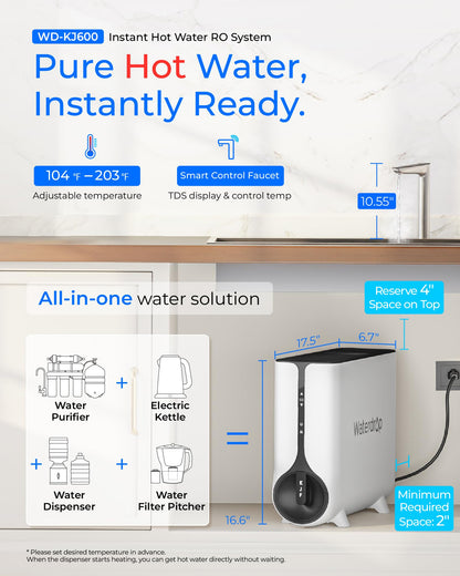 Waterdrop KJ600 Reverse Osmosis System, Instant Hot Water Dispenser, 600 GPD, Reduce PFAS, Tankless, 2:1 Pure to Drain, Under Sink, TDS Reduction, Smart Faucet, Hot and Cold Water Dispenser Faucet