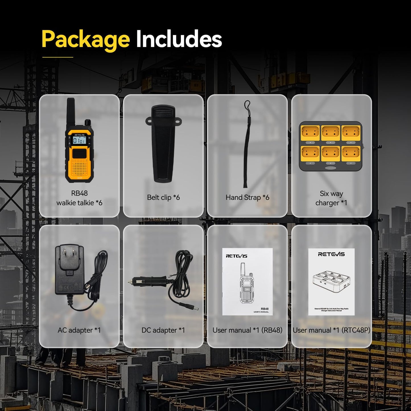 Retevis RB48 Walkie Talkies for Adults, Heavy Duty 2 Way Radios Long Range with Six-Way Charger, IP67 Waterproof, Shock Resistant, Dual PTT, for Jobsite Construction(6 Pack)