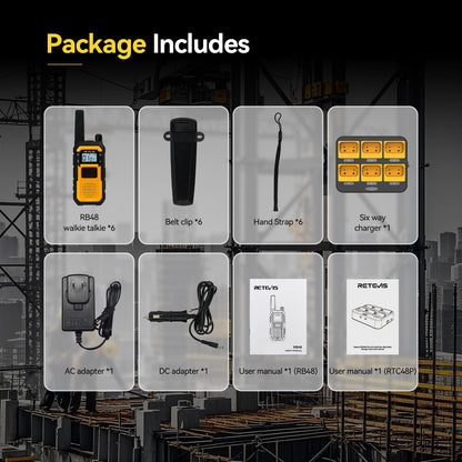 Retevis RB48 Walkie Talkies for Adults, Heavy Duty 2 Way Radios Long Range with Six-Way Charger, IP67 Waterproof, Shock Resistant, Dual PTT, for Jobsite Construction(6 Pack)